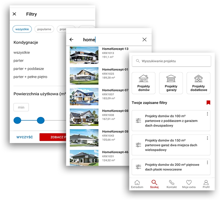 Aplikacja mobilna EXTRADOM projekty domów - Korzystaj z intuicyjnej wyszukiwarki”